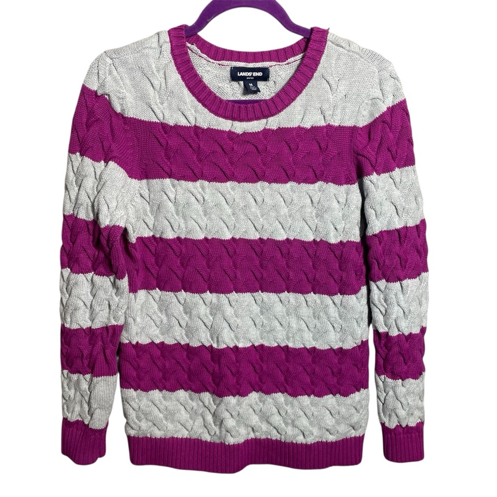 Lands End Drifter Sweater 100% Cotton Crewneck striped purple gray